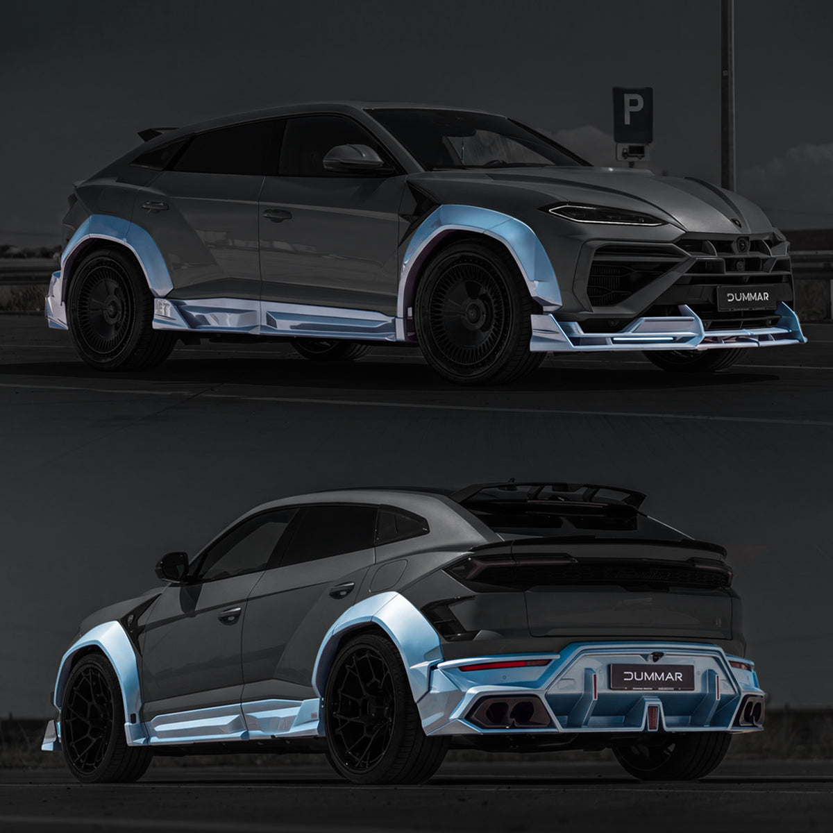 DUMMAR Lamborghini Urus SE Base Widebody kit — included components highlighted in front and rear views